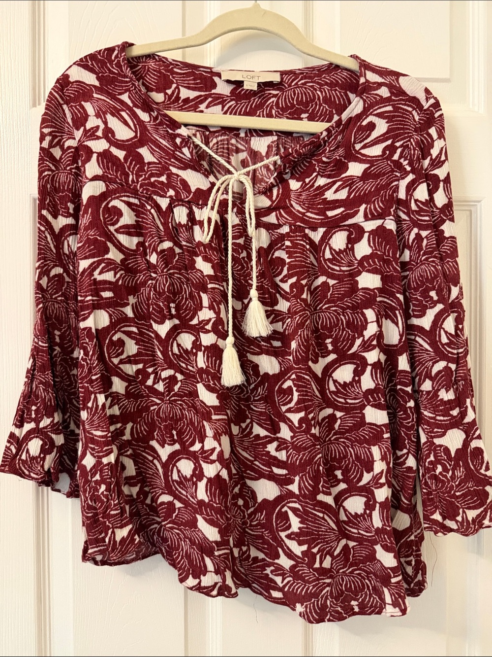 LOFT Burgundy and White Floral Tie-Neck Blouse